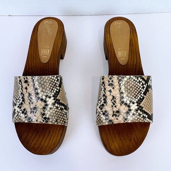 Seychelles Good Spirits Heeled Clogs Neutral Snakeskin Studded Sandals Mules 8.5 - Picture 2 of 10